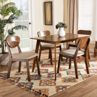 Baxton Studio RH367C-SandWalnut-5PC Dining Set Baxton Studio Damara Mid-Century Modern Sand Fabric Upholstered and Walnut Brown Finished Wood